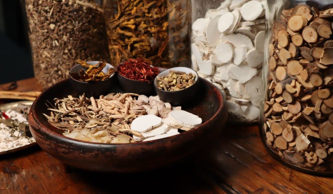 Plantes séchées de la pharmacopée chinoise dans des bols et des bocaux